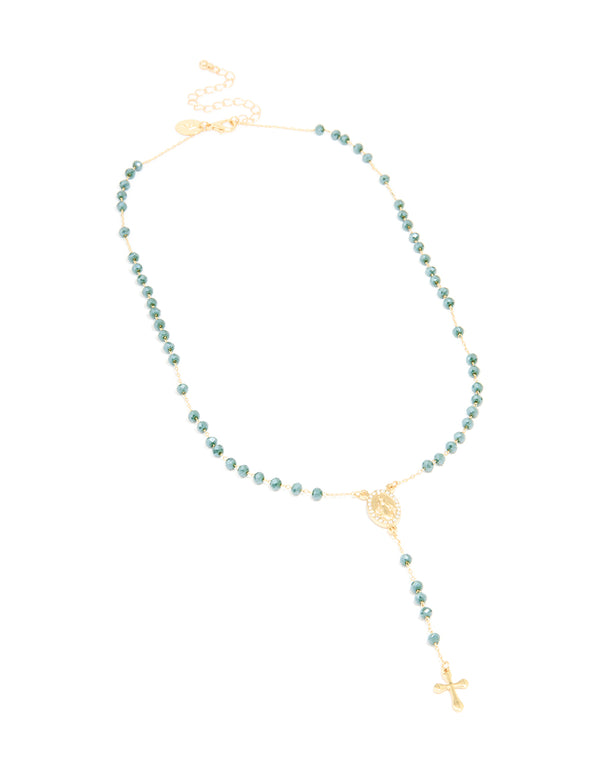 Gold Plated Dark Blue Diamante Rosary Necklace