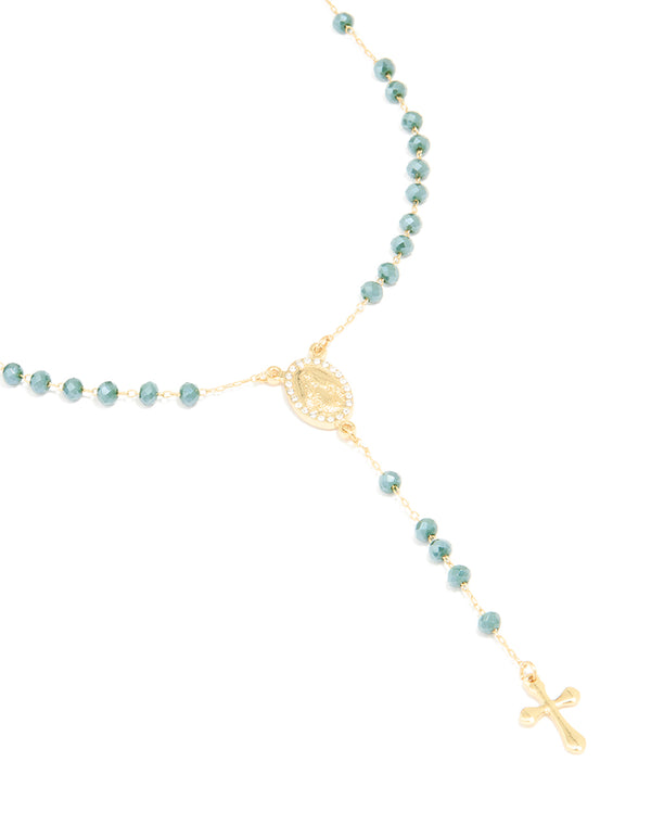 Gold Plated Dark Blue Diamante Rosary Necklace