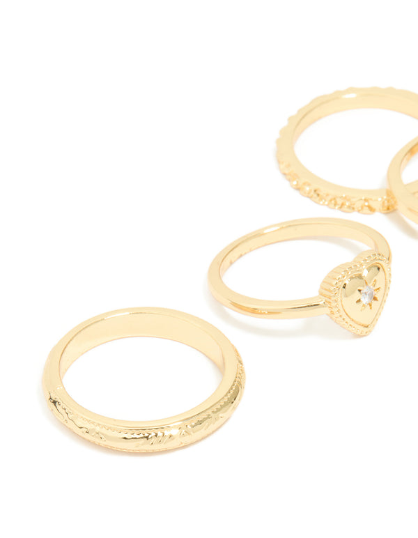 Gold Plated Diamante Heart Signet & Stamped Rings 4-Pack