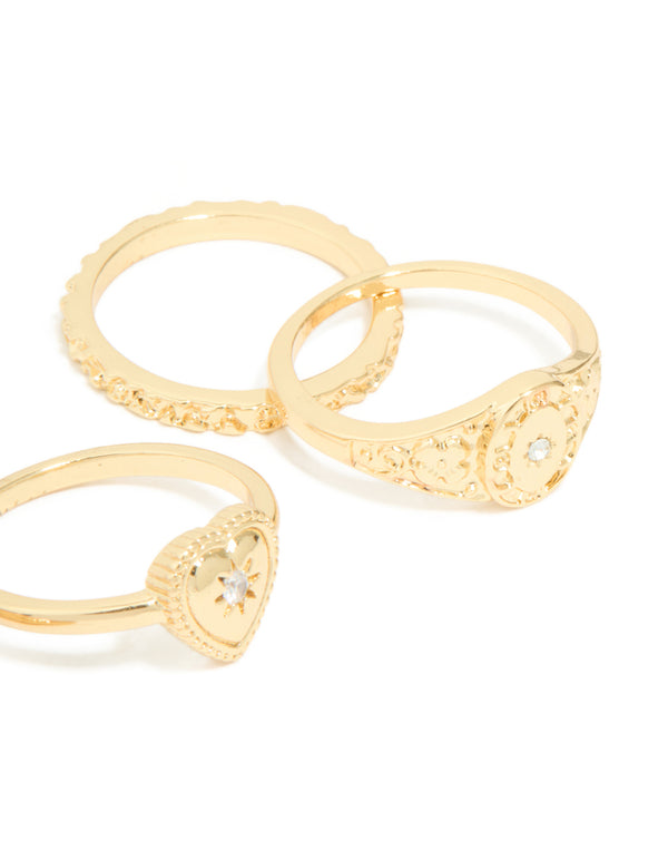 Gold Plated Diamante Heart Signet & Stamped Rings 4-Pack