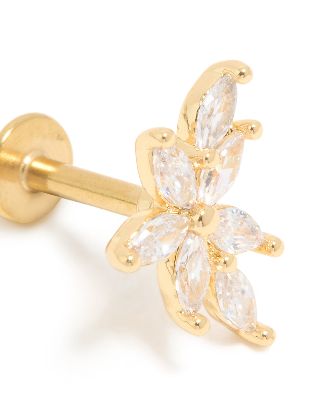 Gold Plated Surgical Steel Cubic Zirconia Flower Single Flat Back Stud