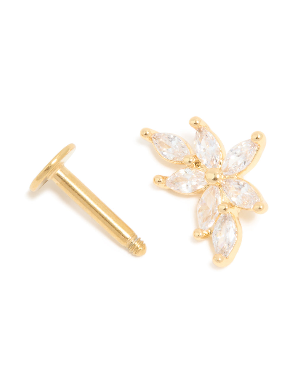 Gold Plated Surgical Steel Cubic Zirconia Flower Single Flat Back Stud