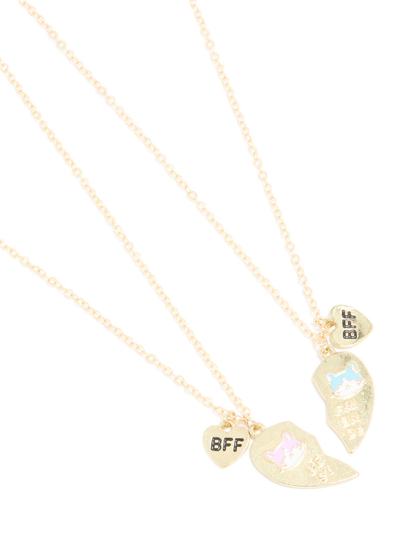 Kids Gold Cat BFF Heart Necklace Pack