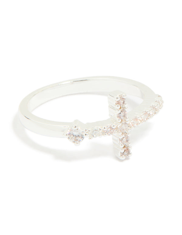 Elegant cross ring crafted from silver plated metal featuring cubic zirconia front view