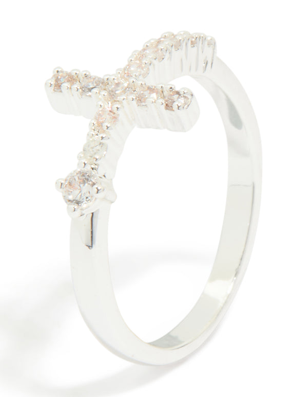 Stylish cross ring crafted from silver plated metal featuring cubic zirconia side detail view