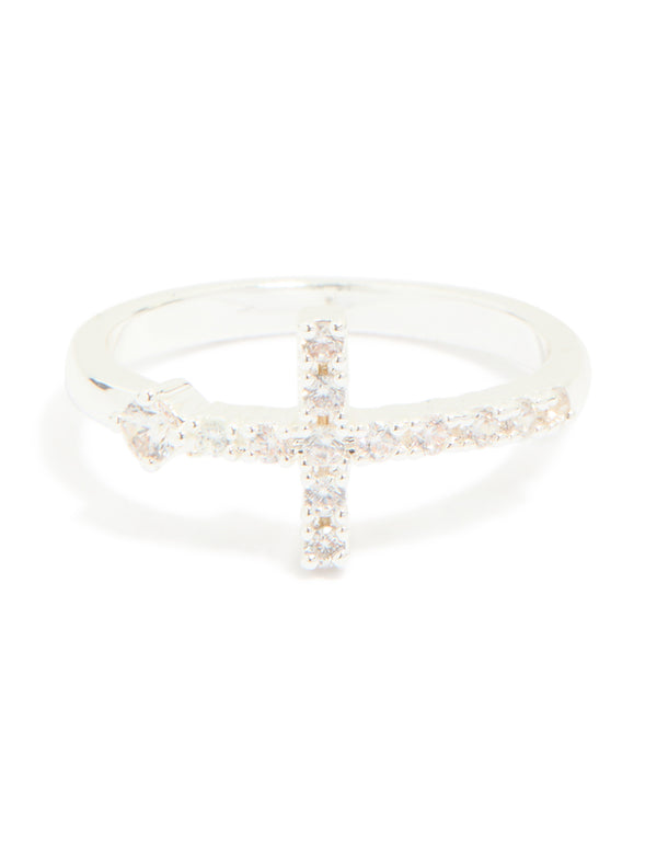 Chic cross ring crafted from silver plated metal featuring cubic zirconia close up view