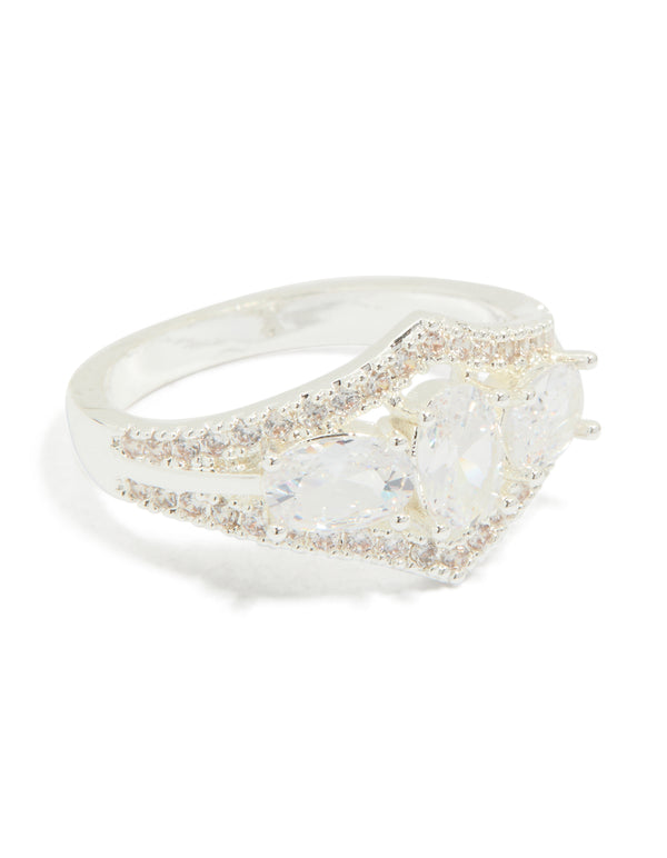 Silver Plated Multi-Shaped Cubic Zirconia 3-Stone Ring