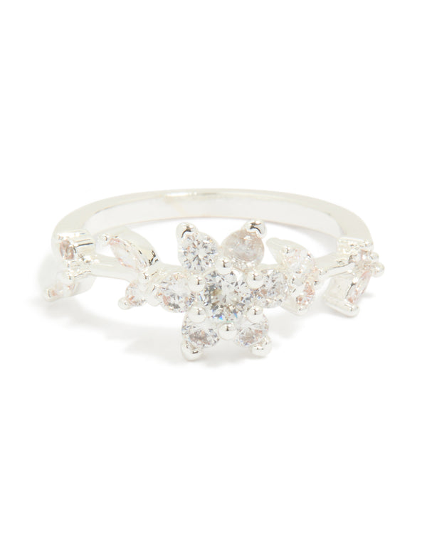 Silver Plated Cubic Zirconia Dainty Flower Ring