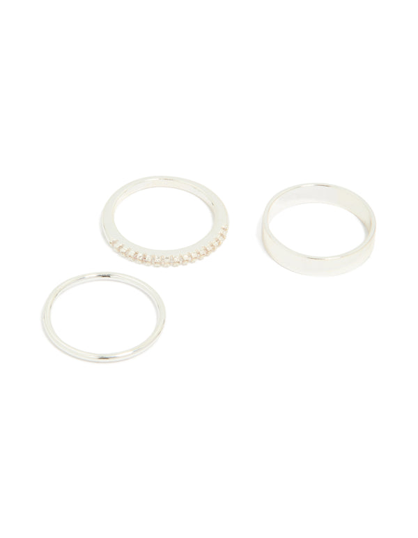 Silver Plated Simple Cubic Zirconia & Smooth Rings 3-Pack