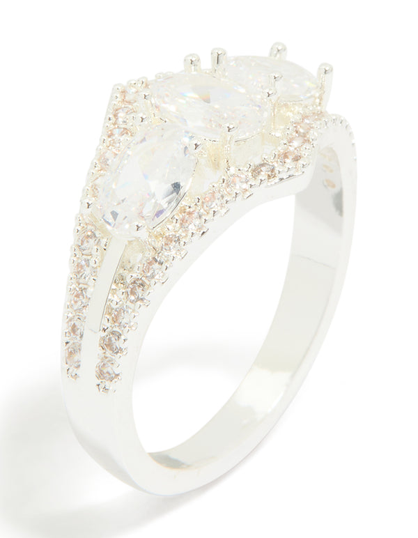 Silver Plated Multi-Shaped Cubic Zirconia 3-Stone Ring