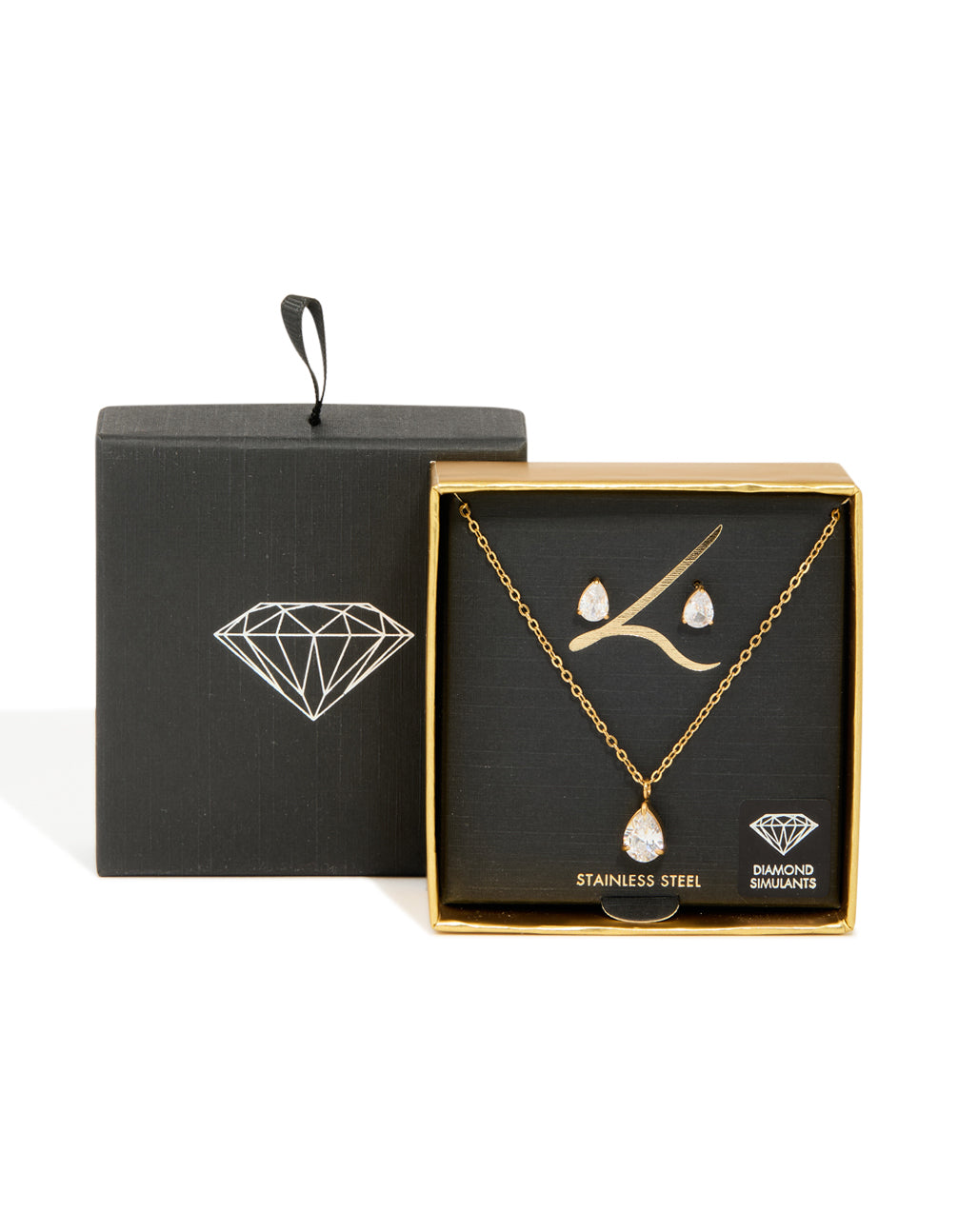 Gold Cubic Zirconia Pear Pendant Necklace & Stud Earrings Set