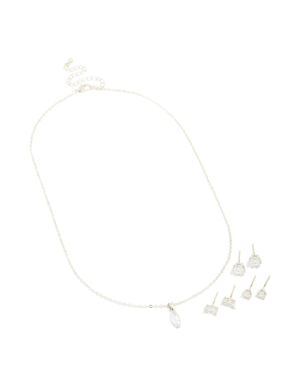 Silver Cubic Zirconia Pendant Necklace & Earrings Set