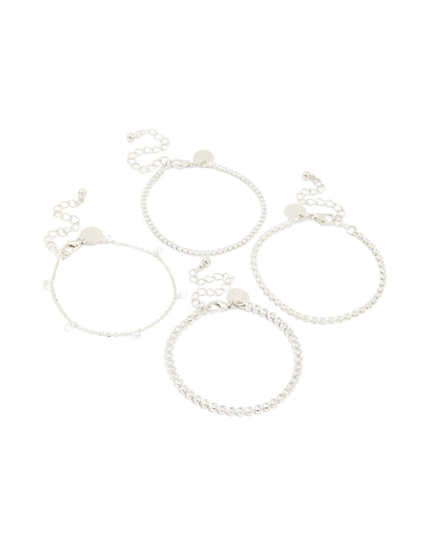 Silver Cubic Zirconia Tennis & Droplet Bracelets 4-Pack