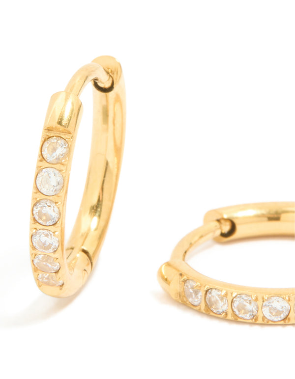 Highlighting waterproof gold plated stainless steel prism cubic zirconia clicker earrings in gold close up view