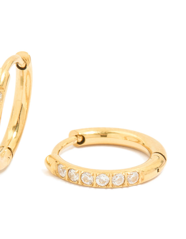 Presenting waterproof gold plated stainless steel prism cubic zirconia clicker earrings in gold post detail view
