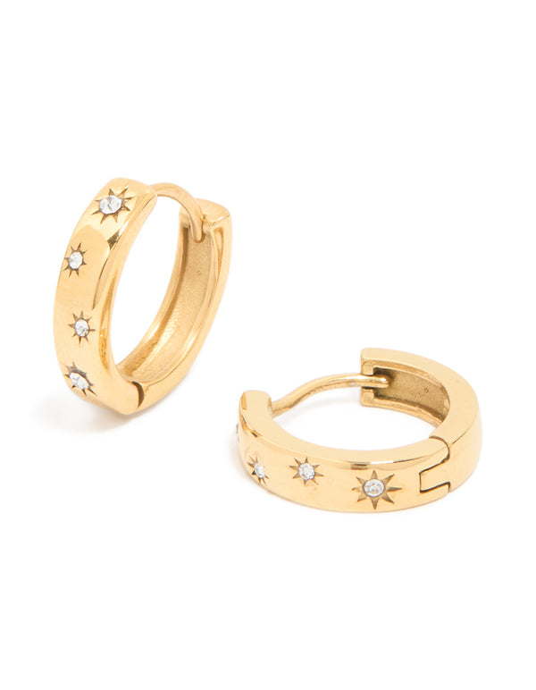 Showcasing waterproof gold plated stainless steel diamante star clicker hoop earrings front view