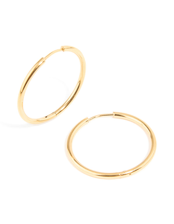 Showcasing waterproof gold plated stainless steel clicker hoop earrings 30 MM front view