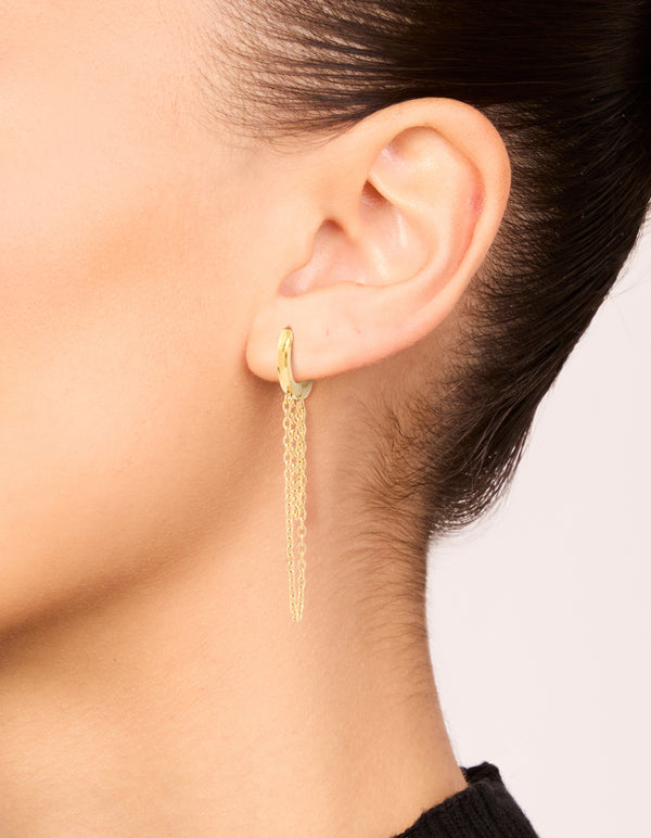 Showcasing waterproof gold plated stainless steel layered chain huggie earrings in 10 MM on ear view