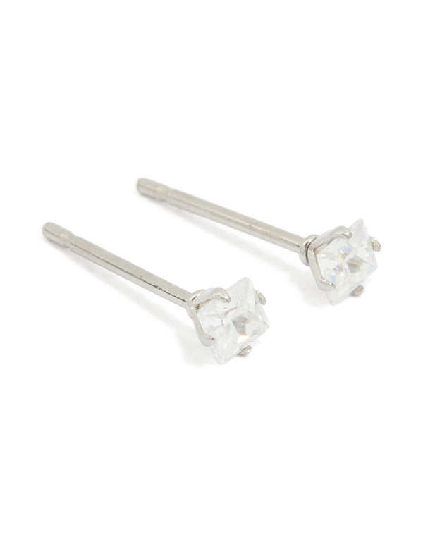 Showcasing waterproof stainless steel prism cubic zirconia stud earrings in silver and clear front view