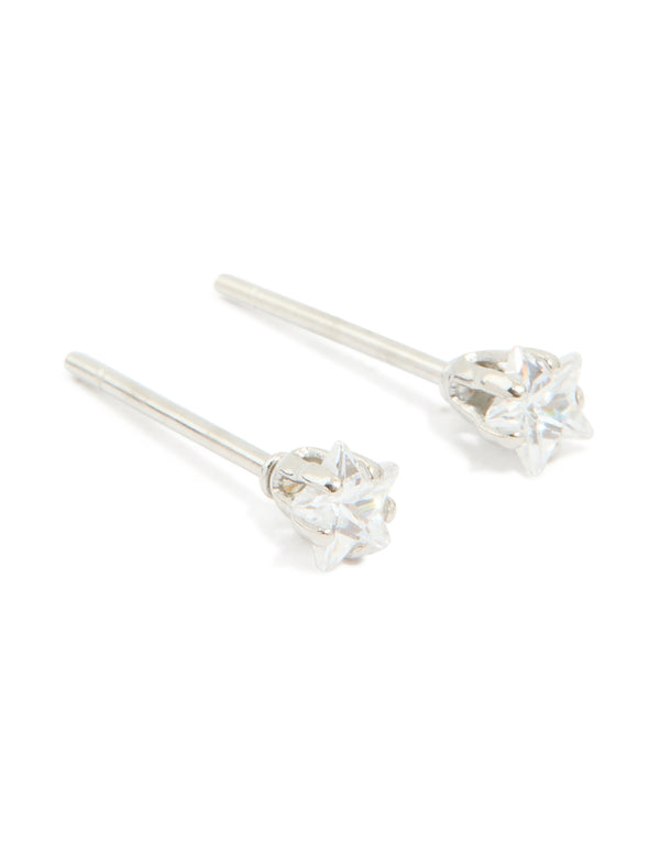 Showcasing celestial waterproof stainless steel prism cubic zirconia star stud earrings in 4 MM silver and clear front view