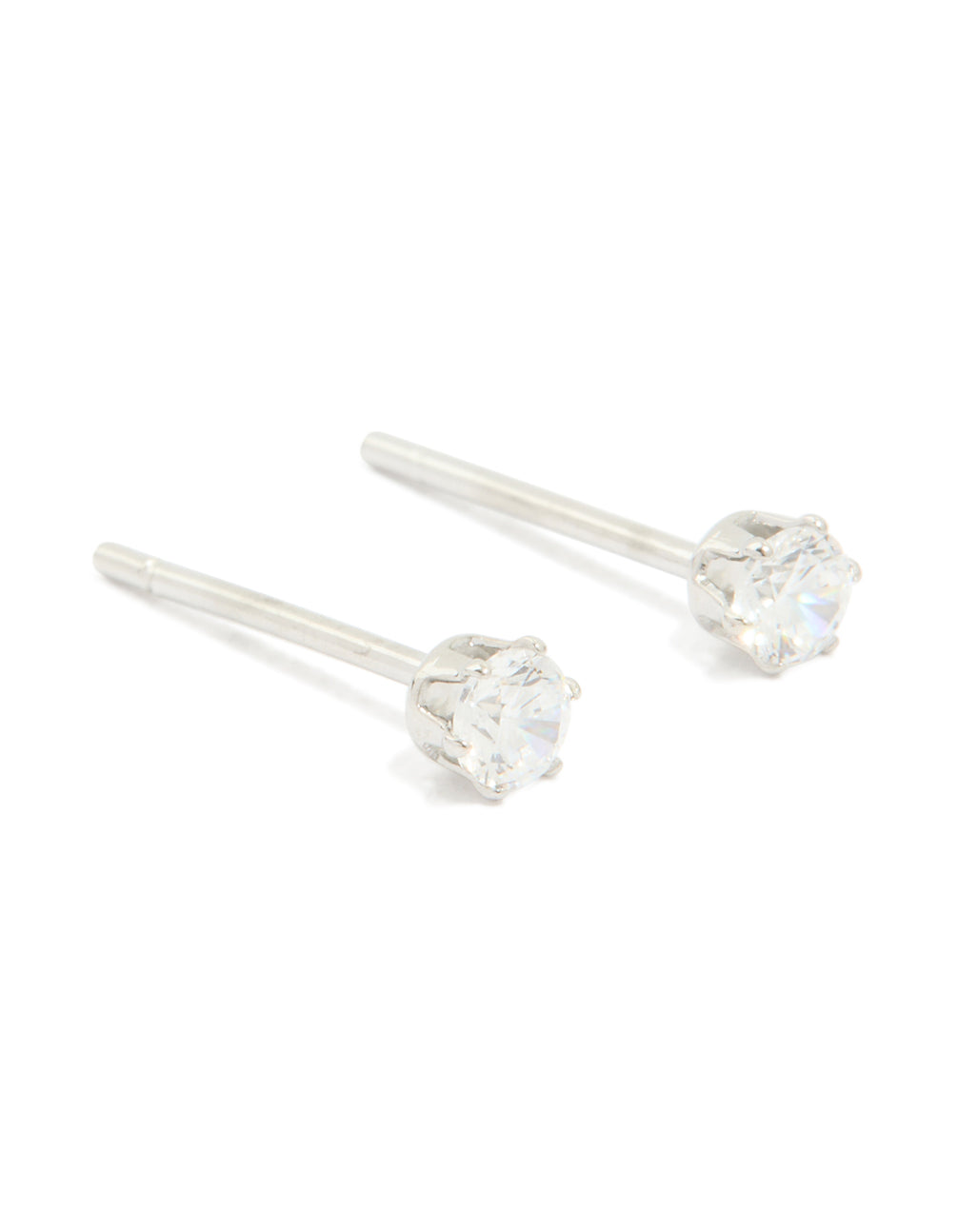 Showcasing waterproof stainless steel cubic zirconia prism stud earrings in silver and clear front view