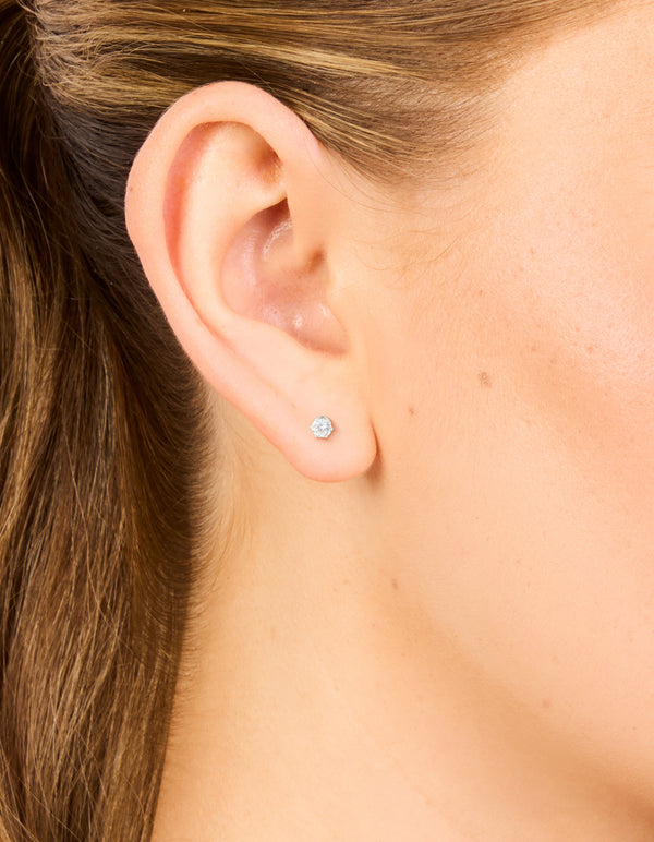 Presenting waterproof stainless steel cubic zirconia prism stud earrings in silver and clear on ear view