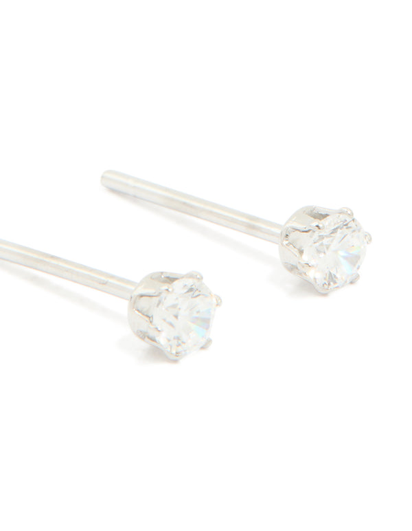 Designed with waterproof stainless steel cubic zirconia prism stud earrings in silver and clear post detail view