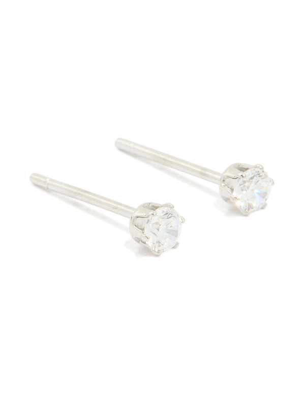 Showcasing waterproof stainless steel cubic zirconia prism stud earrings in silver and clear front view