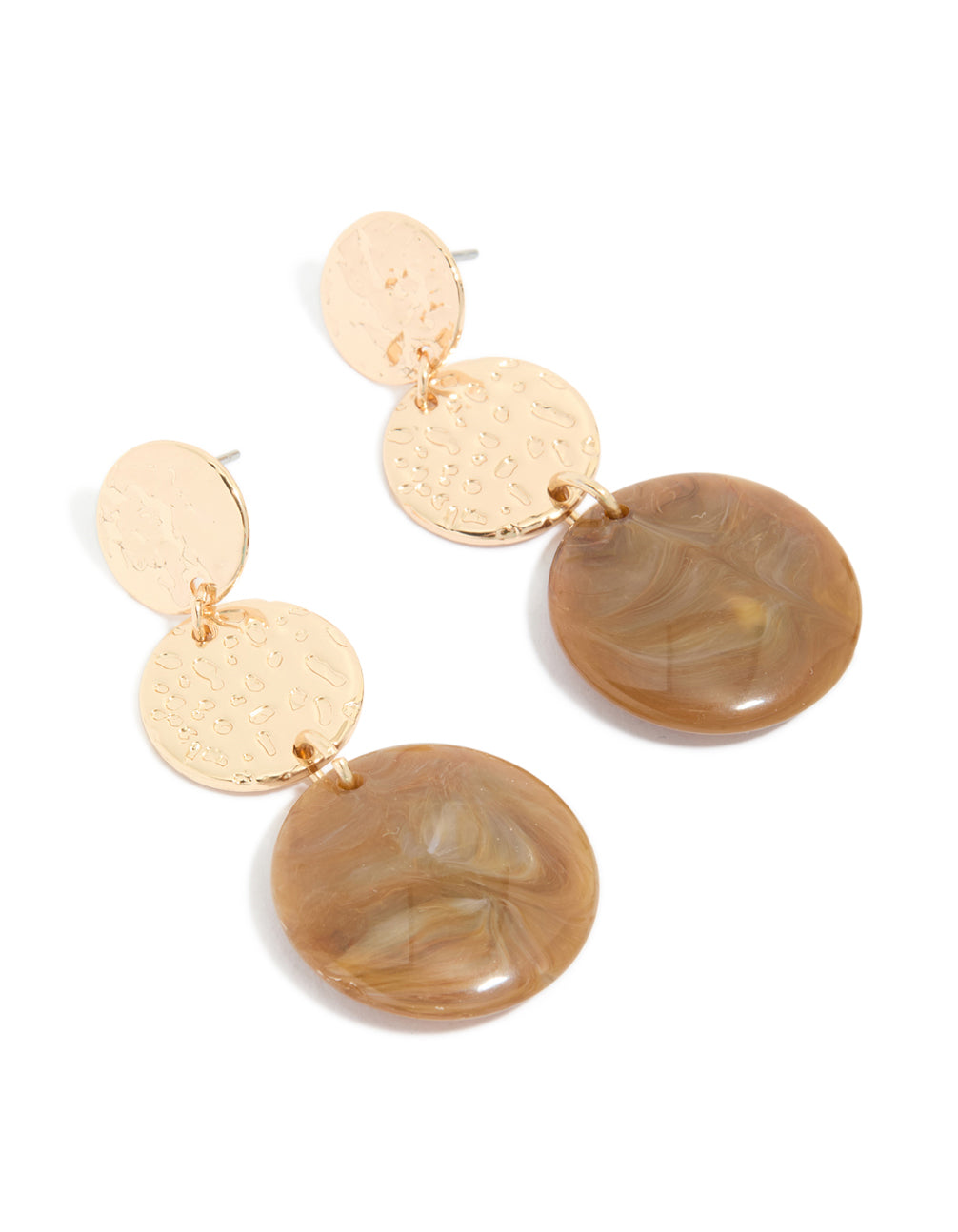 Featuring gold molten and brown stone round drop earrings with statement style front view