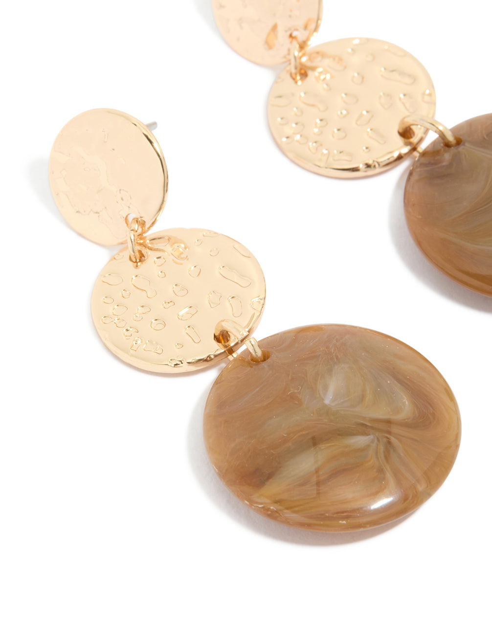 Crafted with gold molten and brown stone round drop earrings featuring statement style close up view