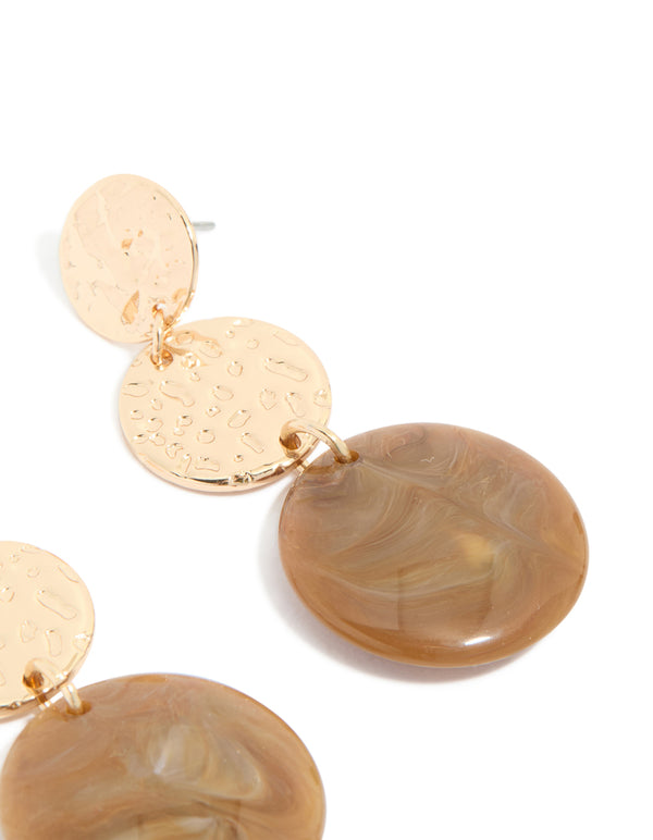 Highlighting gold molten and brown stone round drop earrings with statement style post detail view