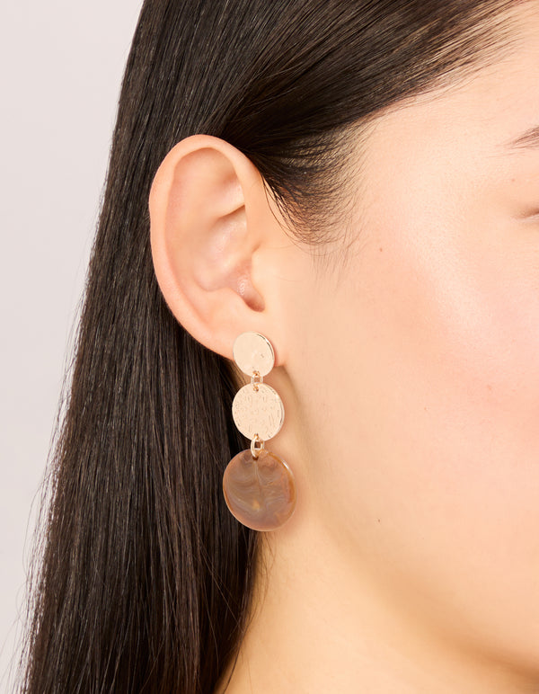Showcasing gold molten and brown stone round drop earrings with statement style on ear view