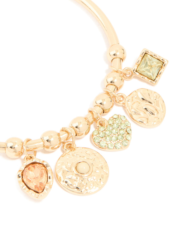 Gold Green Diamante Heart & Disc Charm Bangle