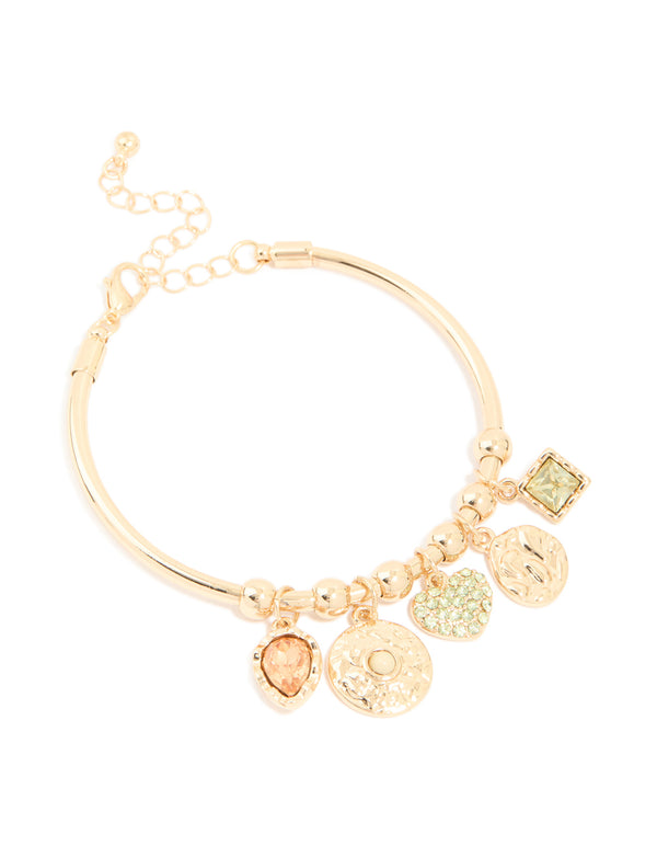 Gold Green Diamante Heart & Disc Charm Bangle