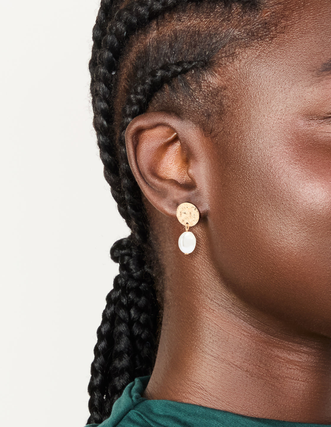 Gold Pearl Hammered Diac Drop Stud Earrings