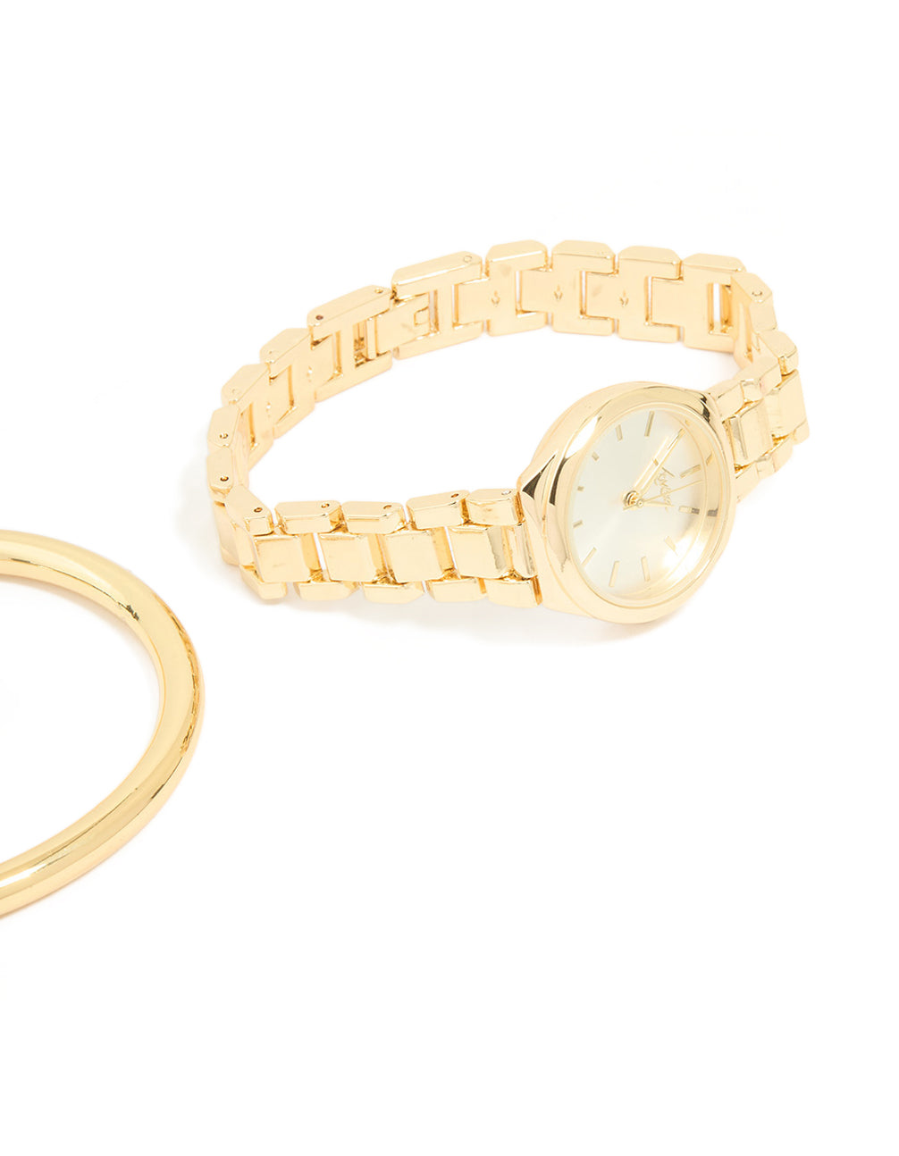 Presenting a classic wrist cuff and watch set in gold with white dial, round shape, link band strap, analog type, designed for women, casual occasion watch face detail view