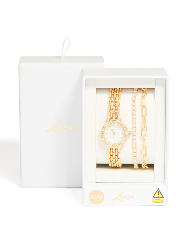 Gold Diamante Watch & Bracelets Set