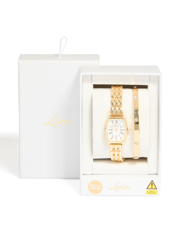 Gold Diamante Roman Numeral Watch & Wrist Cuff Set