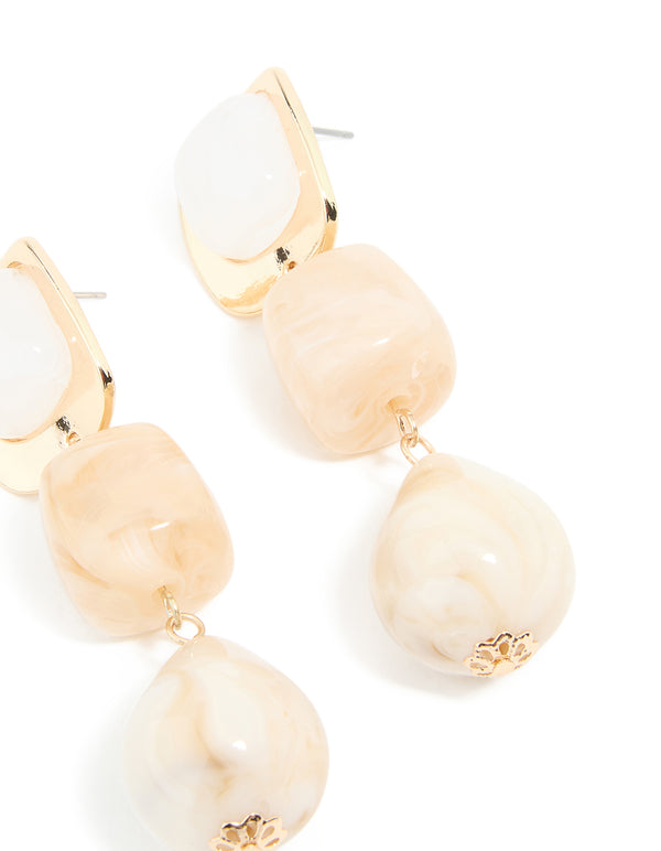 Gold Pink & White Beaded Square Drop Earrings