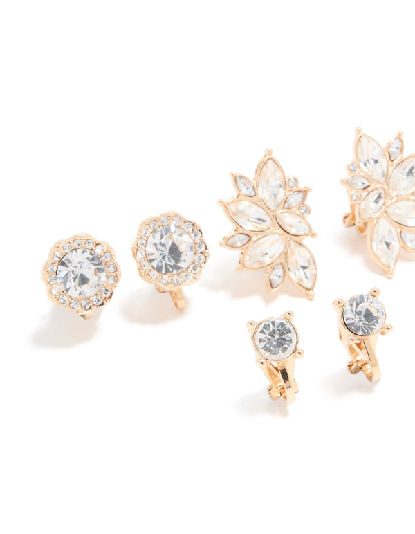 Gold Pearl & Diamante Butterfly Clip On Earrings 5-Pack