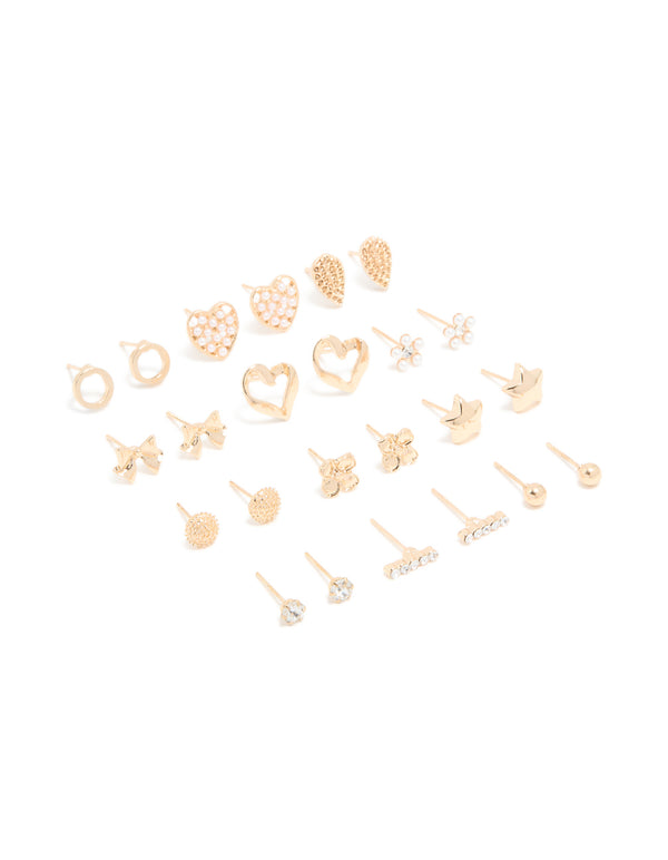 Gold Pearl Heart & Bow Earrings 12-Pack