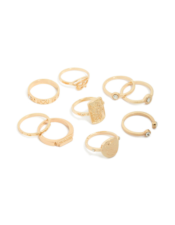 Beautifully crafted gold diamante Roman numeral rings 9-pack with disc features and dainty styling front view