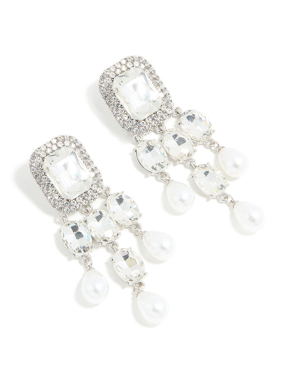 Silver Diamante Pearl Bling Drop Earrings