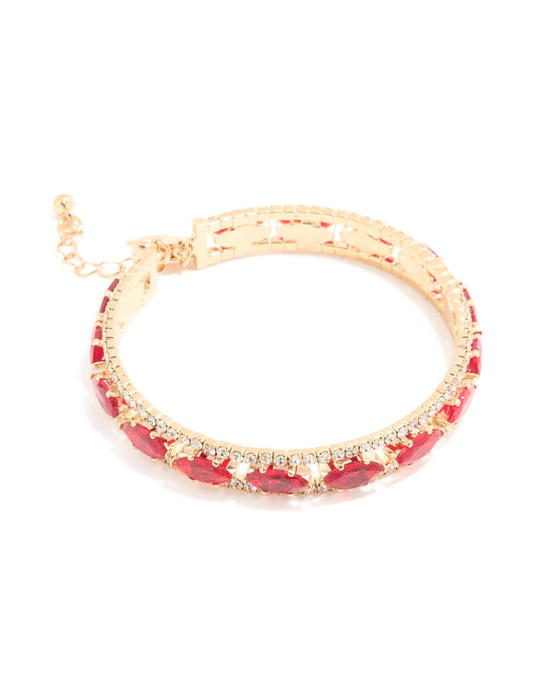 Gold Red & Clear Diamante Oval Bangle