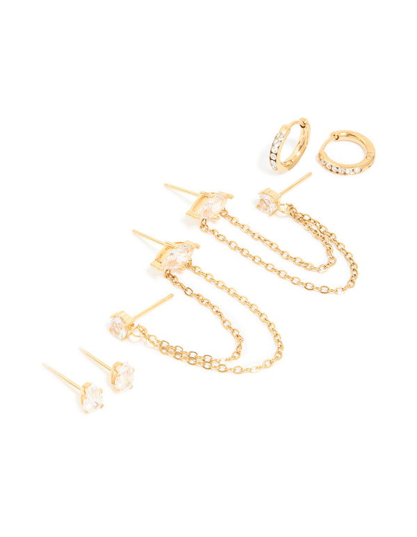Discover waterproof gold plated stainless steel cubic zirconia marquise clicker and studs in a 3-pack with huggie closure front view