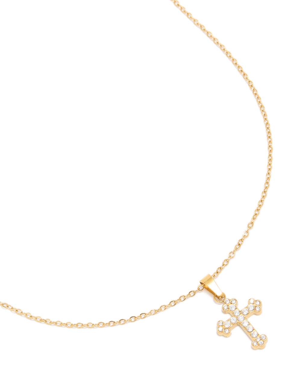 Showcasing a waterproof cross pendant necklace crafted from gold plated stainless steel close up view