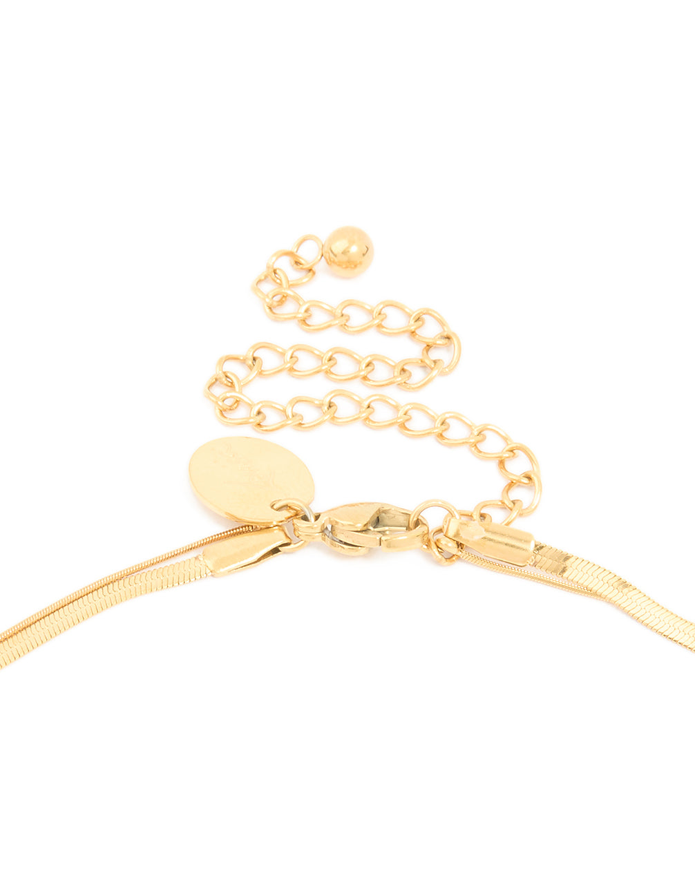 Crafted from waterproof gold plated stainless steel, this cubic zirconia and snake chain layered necklace in gold clasp detail view