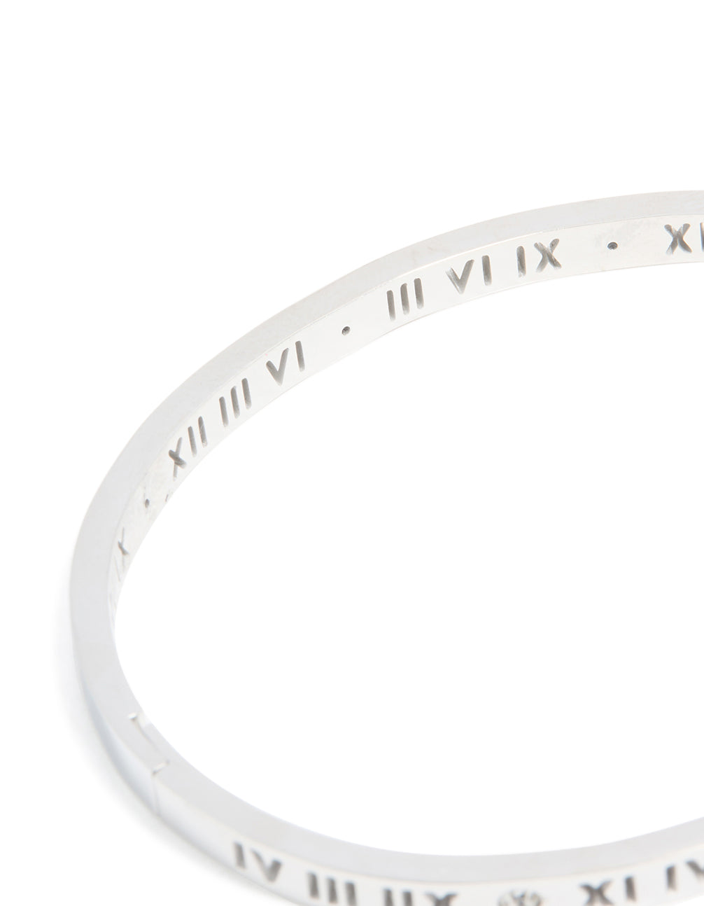 Featuring waterproof stainless steel construction, this diamante Roman numeral hinge bangle displays silver and clear stones detailing close up view