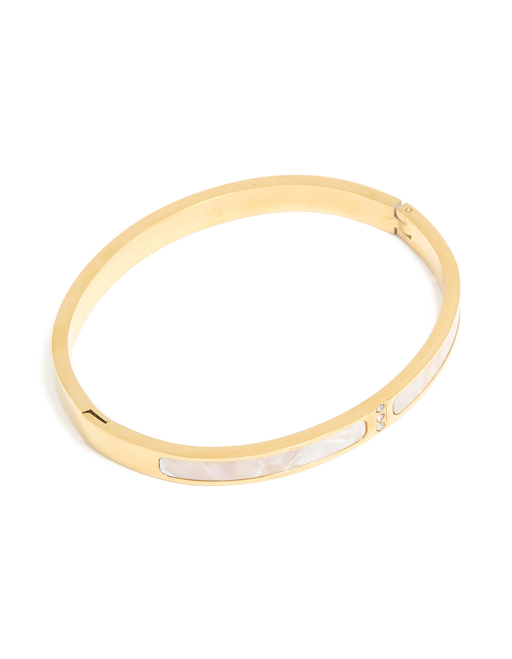 Featuring a waterproof gold plated stainless steel pearl inlay hinge bangle with dainty design front view