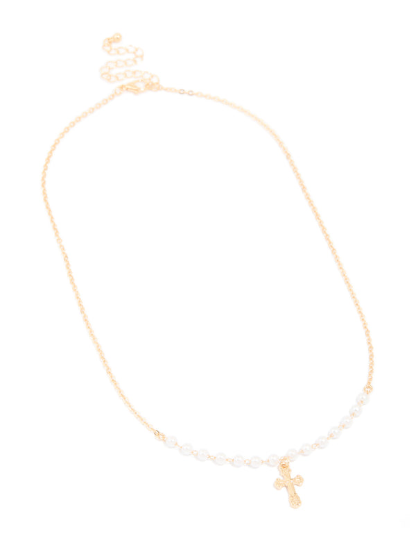 Gold Pearl Cross Pendant Necklace